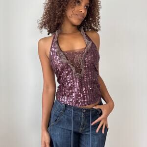 Vintage Pinko Ruffled Sequin Mesh Halter Top (S)